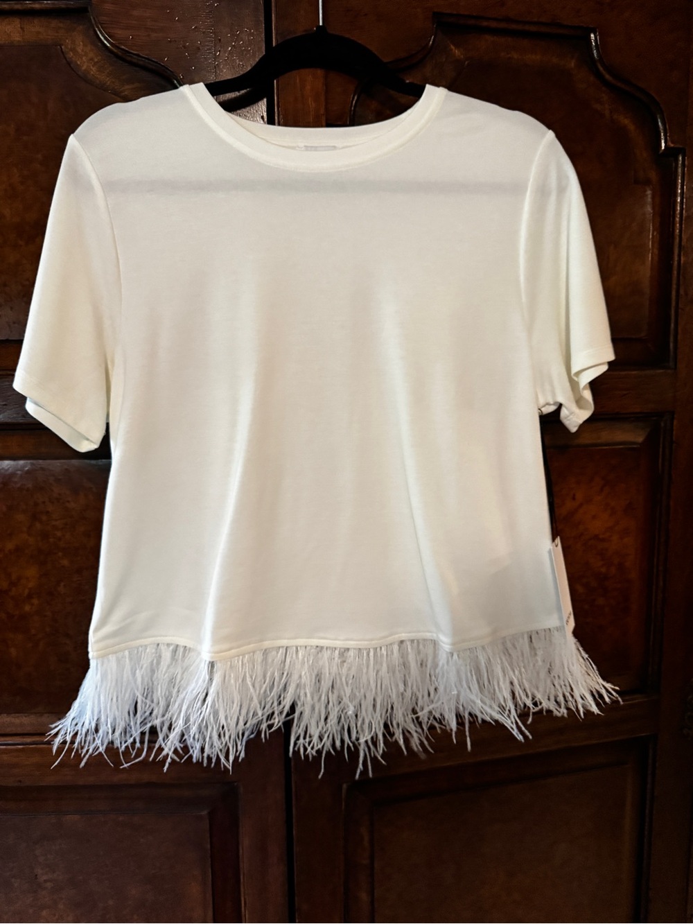 FOR CYNTHIA White Feather Trim Short Sleeve Top